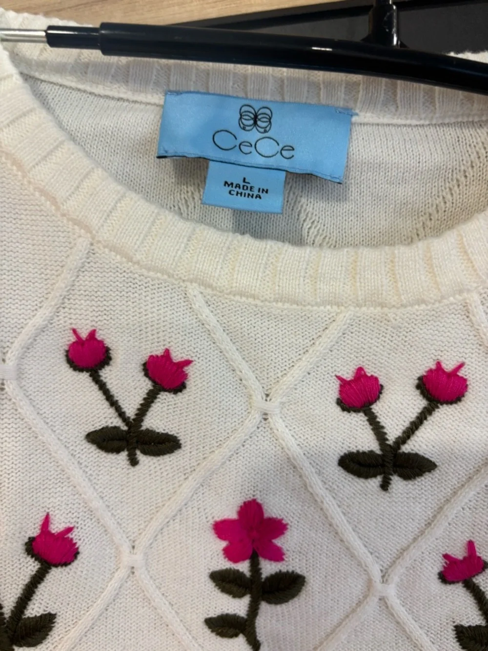 CeCe Cream Knit Top with Pink Floral Embroidery 💯 cotton - Picture 2 of 7
